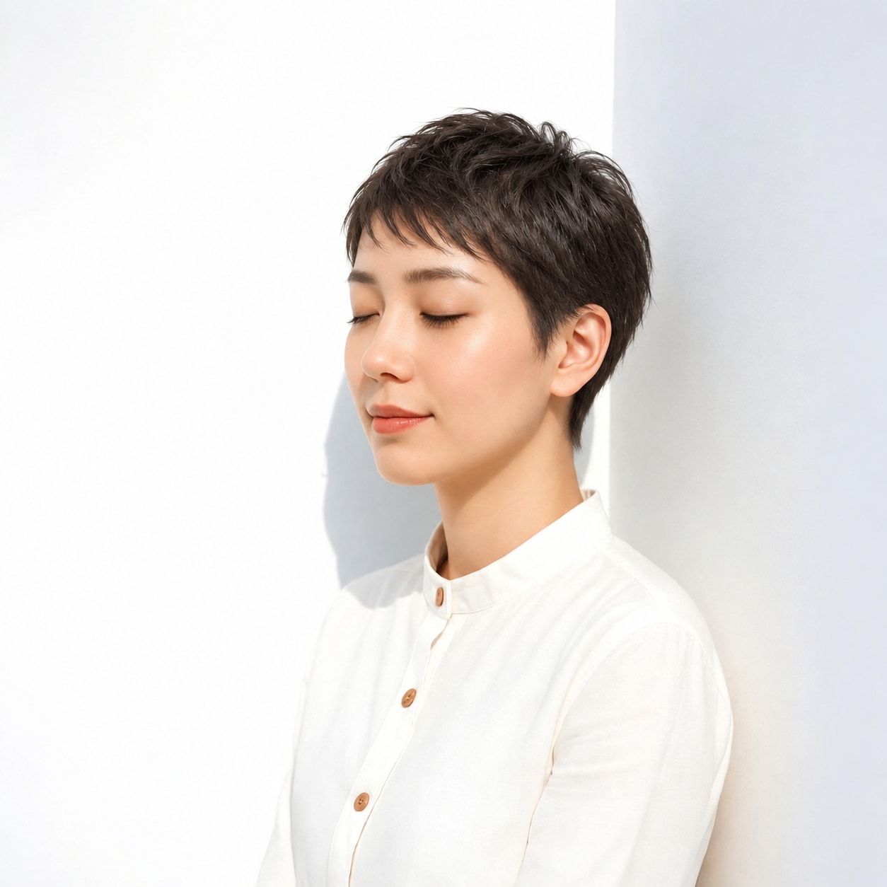 2. ベリーショート × オン眉バング：眉上の毛束が親しみやすい表情をつくる
