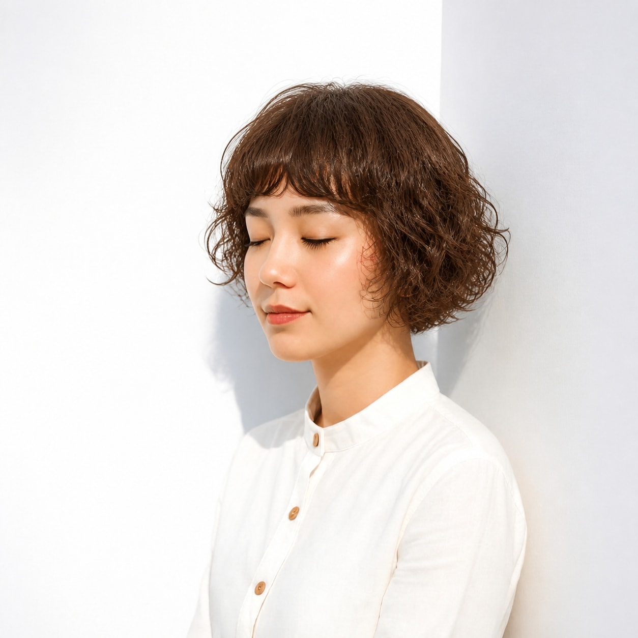 2. ボブパーマ × 強め × 短めバング：丸いカールでキュートに
