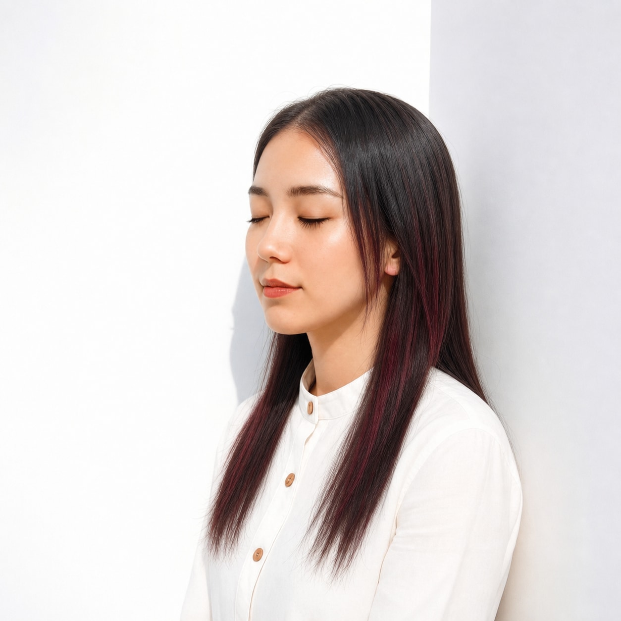 2. ボルドーレッドメッシュ×ストレートロング: 内側の深いラインでロングに控えめな変化が出る