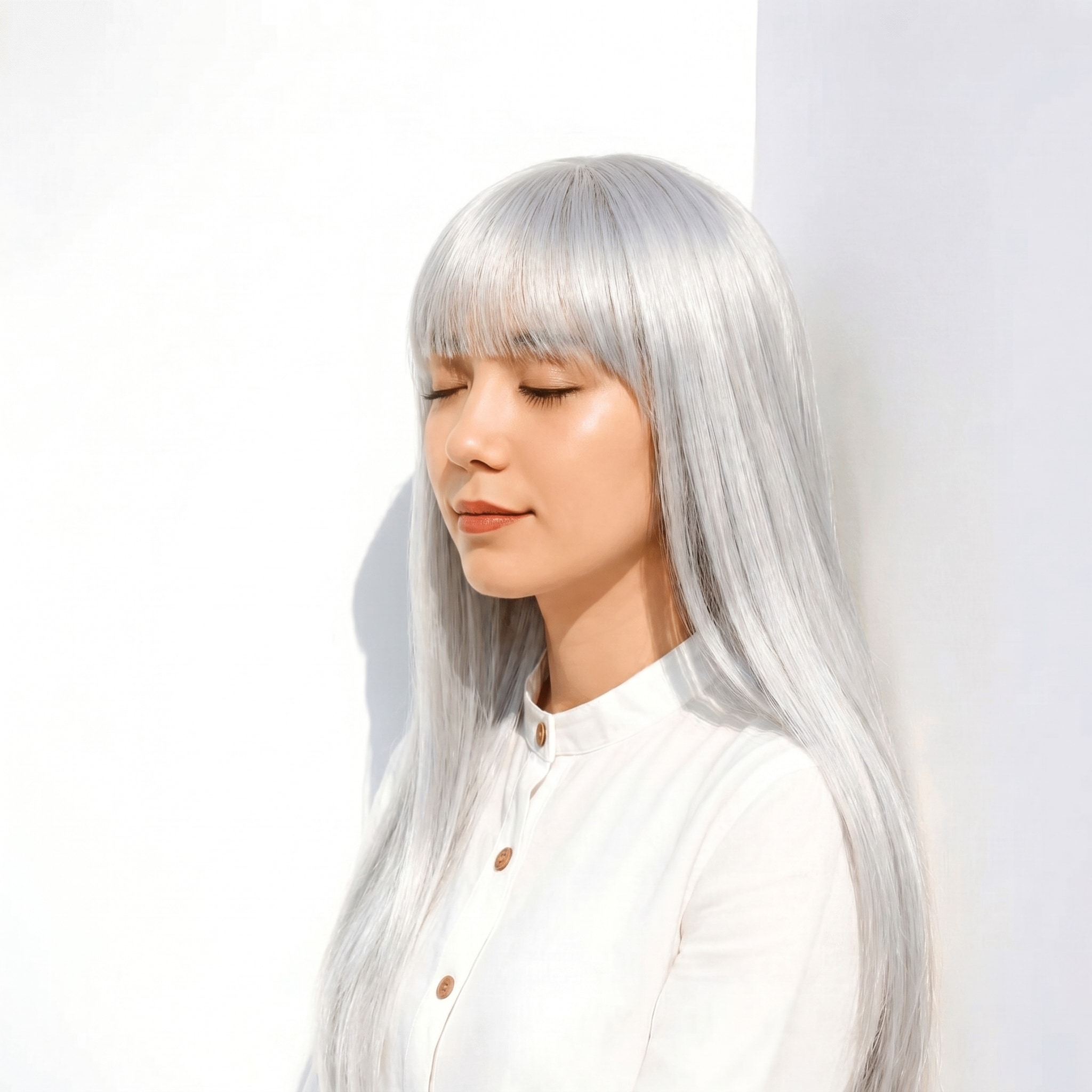2. ホワイトシルバー×ストレートロング: 内側からのぞく色みで、表情まで軽やかに見せる