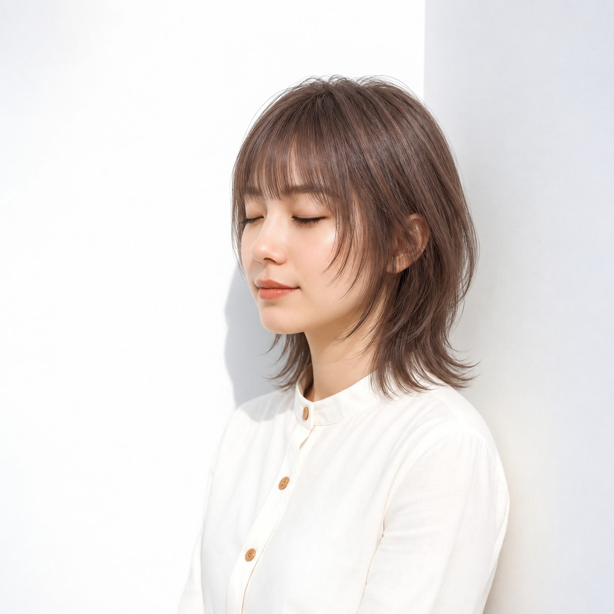 2. ミディアムヘア × 表面レイヤー：髪の面が一枚に沈まず、横から見ても立体感が続きます