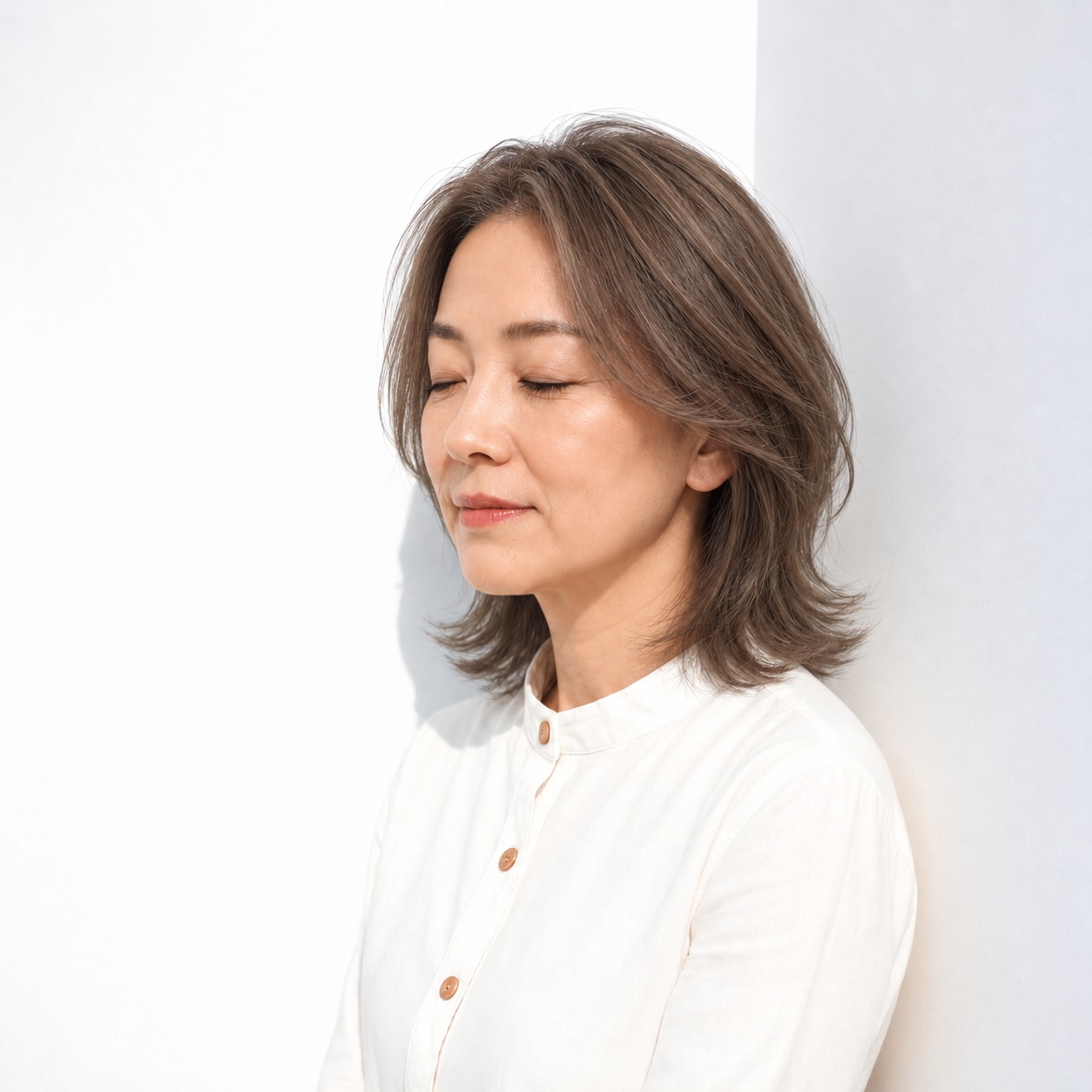 2. ミディアムレイヤー × 前髪なし × 外ハネ：首元にくびれができ、ミディアムの重さを下へためません