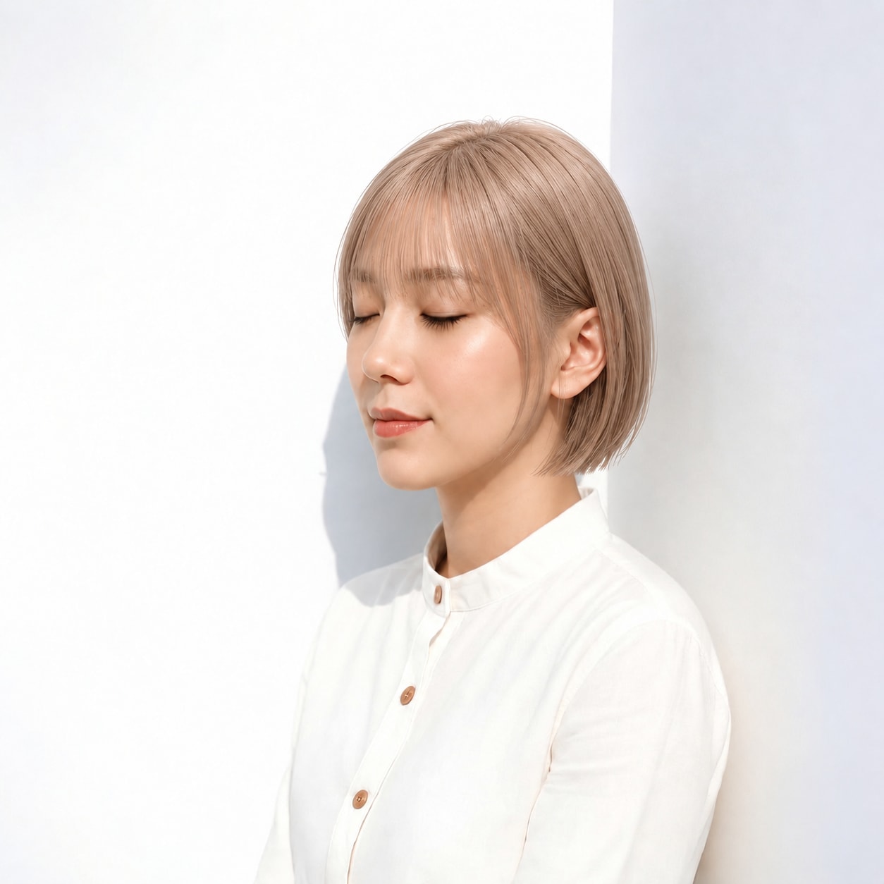 2. ミニボブ × ベージュ：薄い前髪で額の見せ方を軽やかに