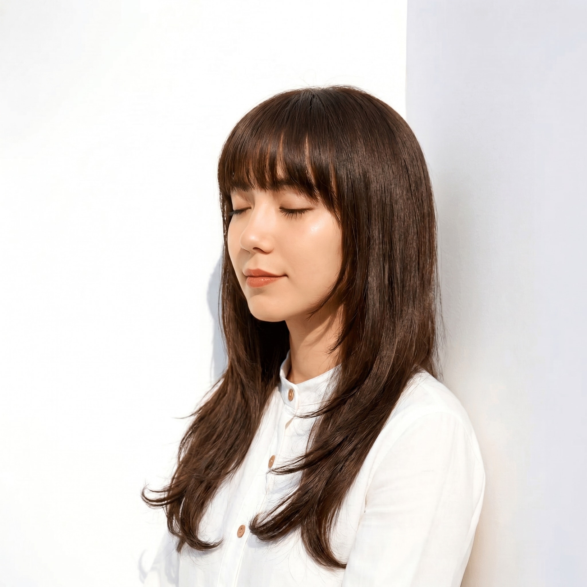 2. モカグレージュ×レイヤーミディアム: 赤みを抑えた寒色感で、透明感をきりっと引き出す