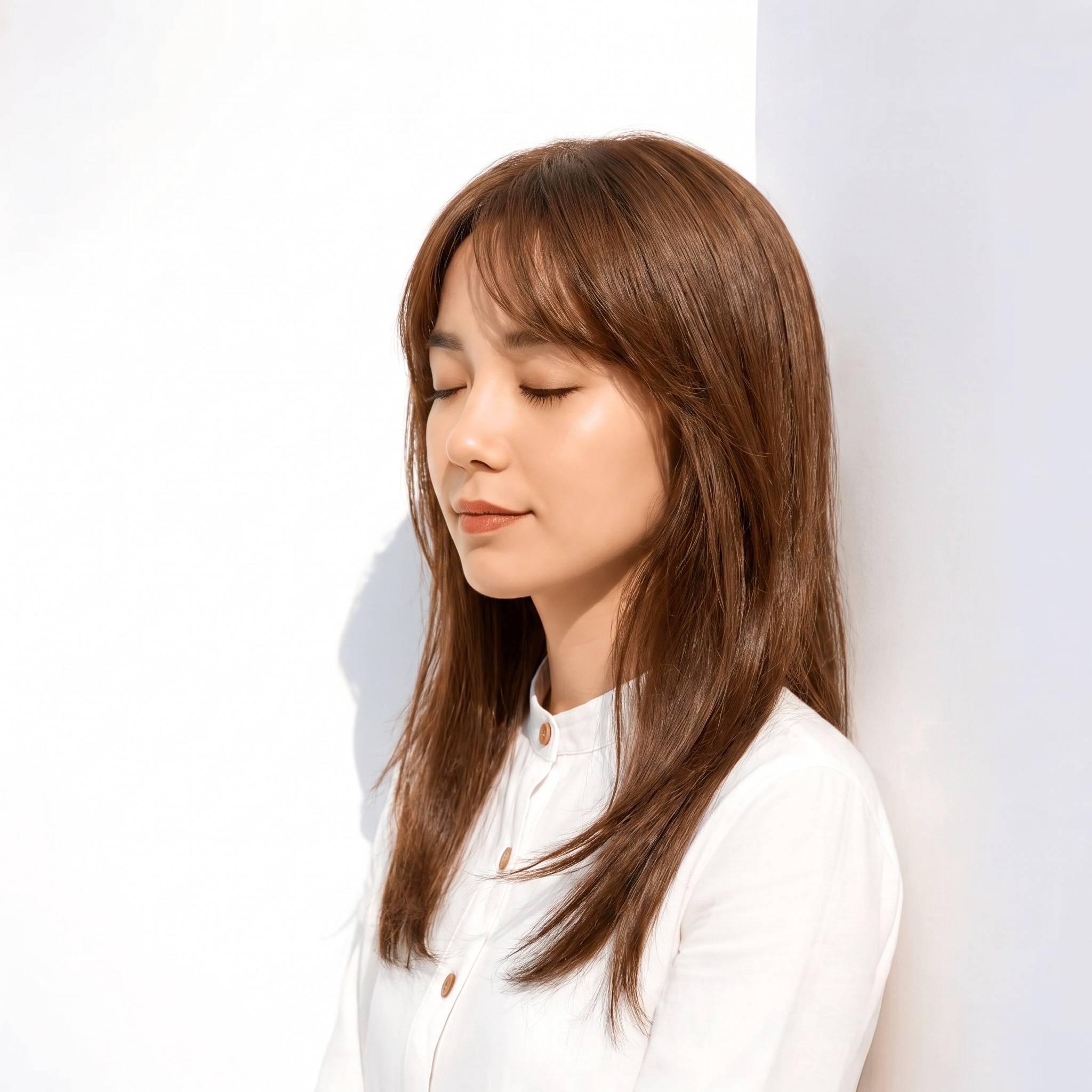 2. モカブラウン×ストレートロング: ベージュを含む明るめブラウンでロングがなめらかにまとまる