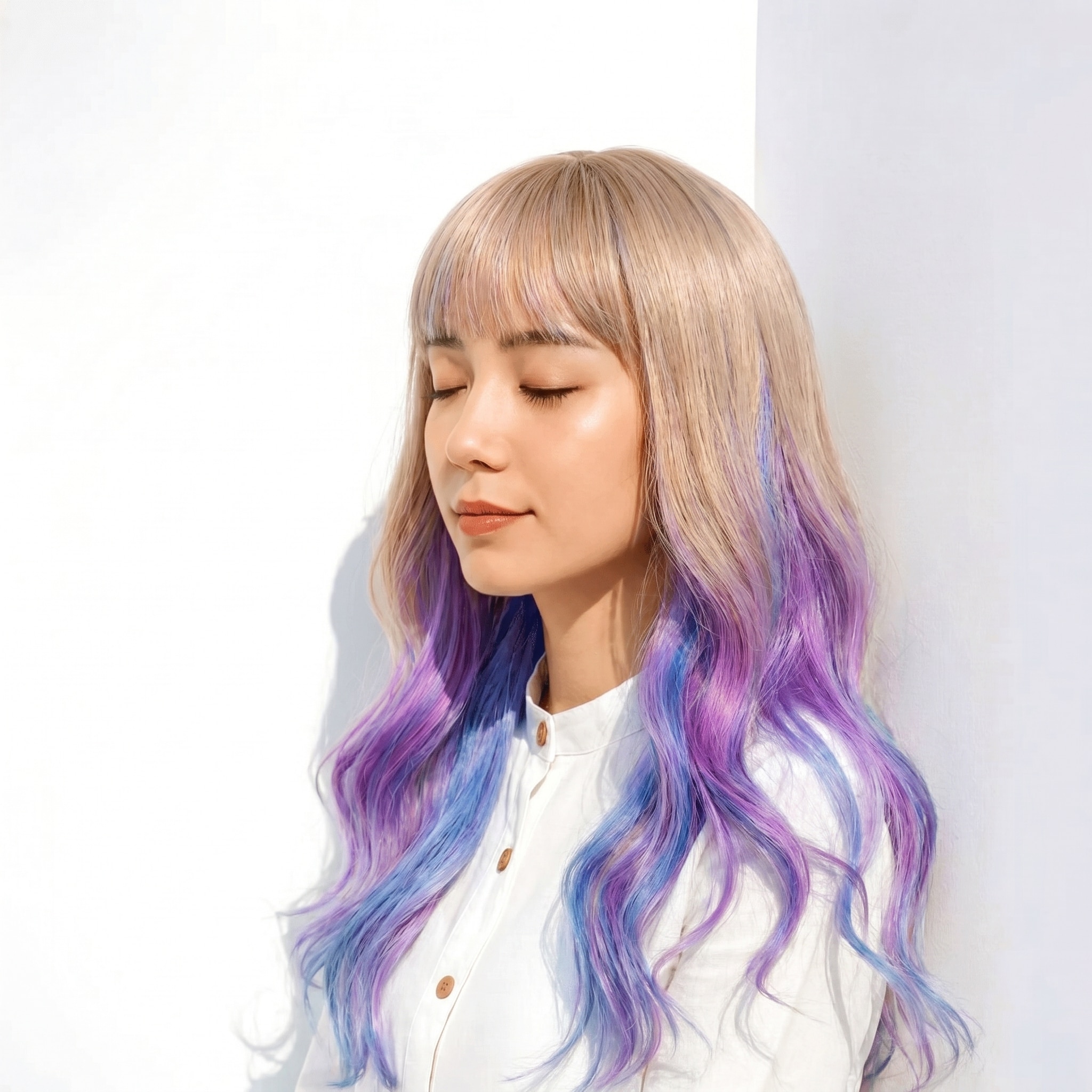 2. ユニコーンカラー×波ウェーブボブ: 赤みを抑えた寒色感で、透明感をきりっと引き出す