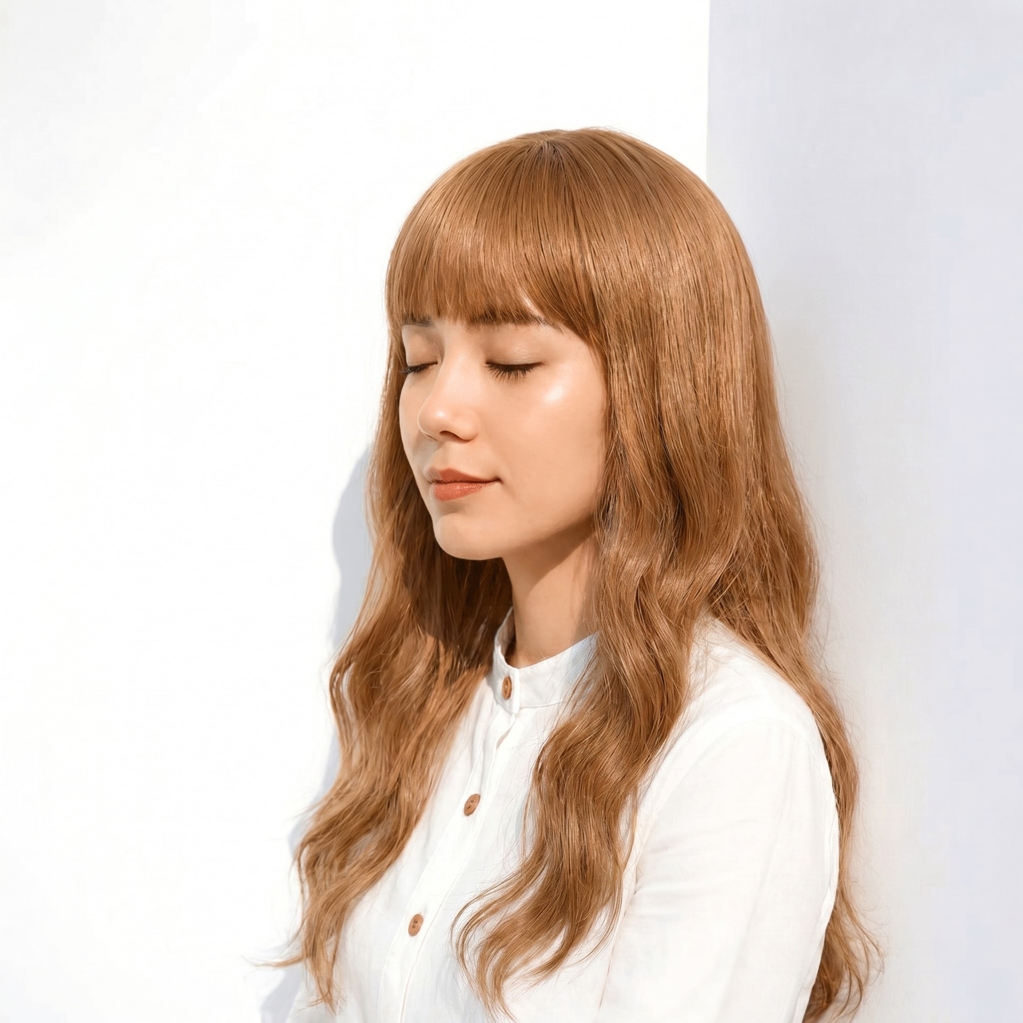 2. ライトブラウン×ロングヘア: 黄みベージュで赤みを抑えた柔らかロング