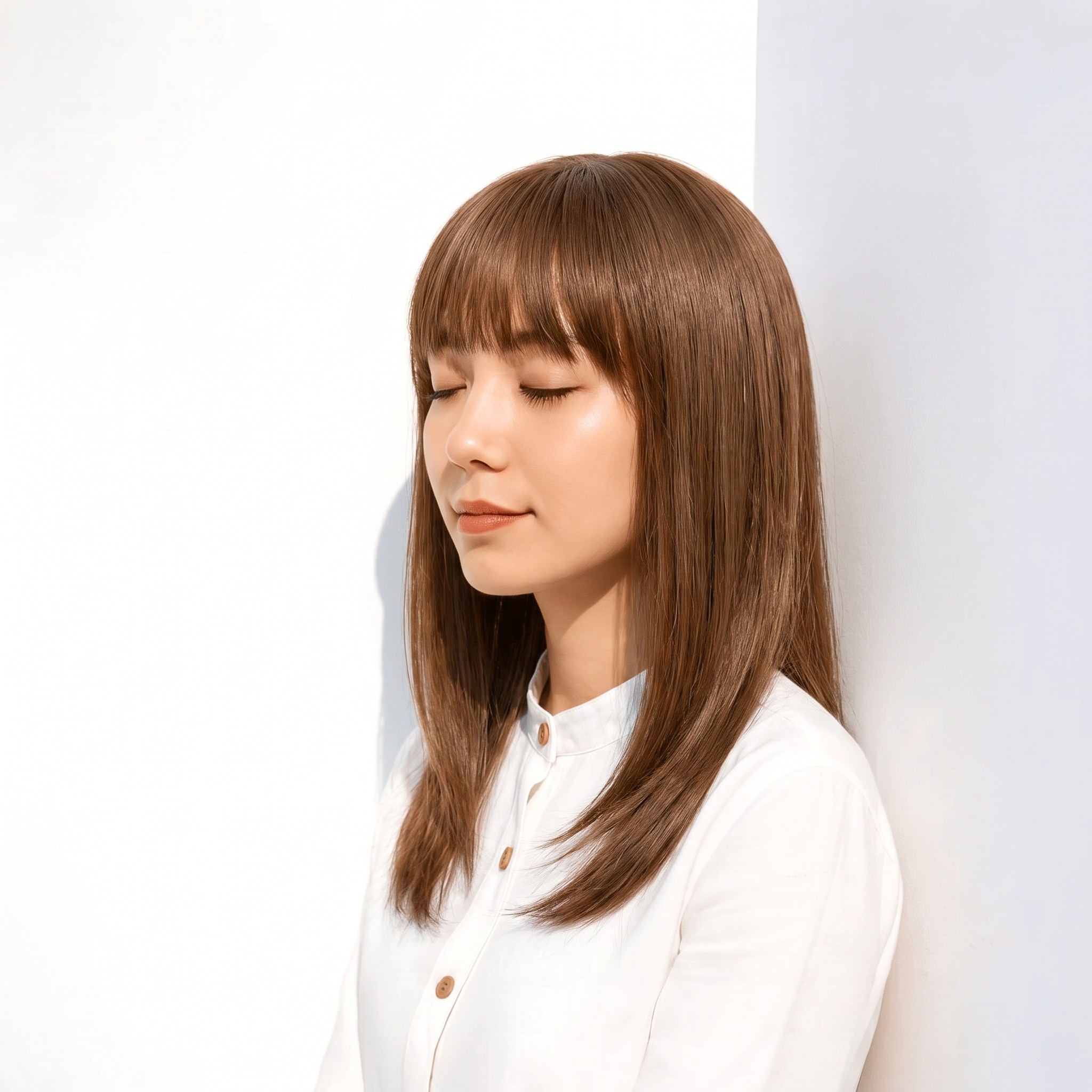 2. ライトベージュ×ストレートロング: 赤みを抑えた明るめベージュでロングが上品にまとまる