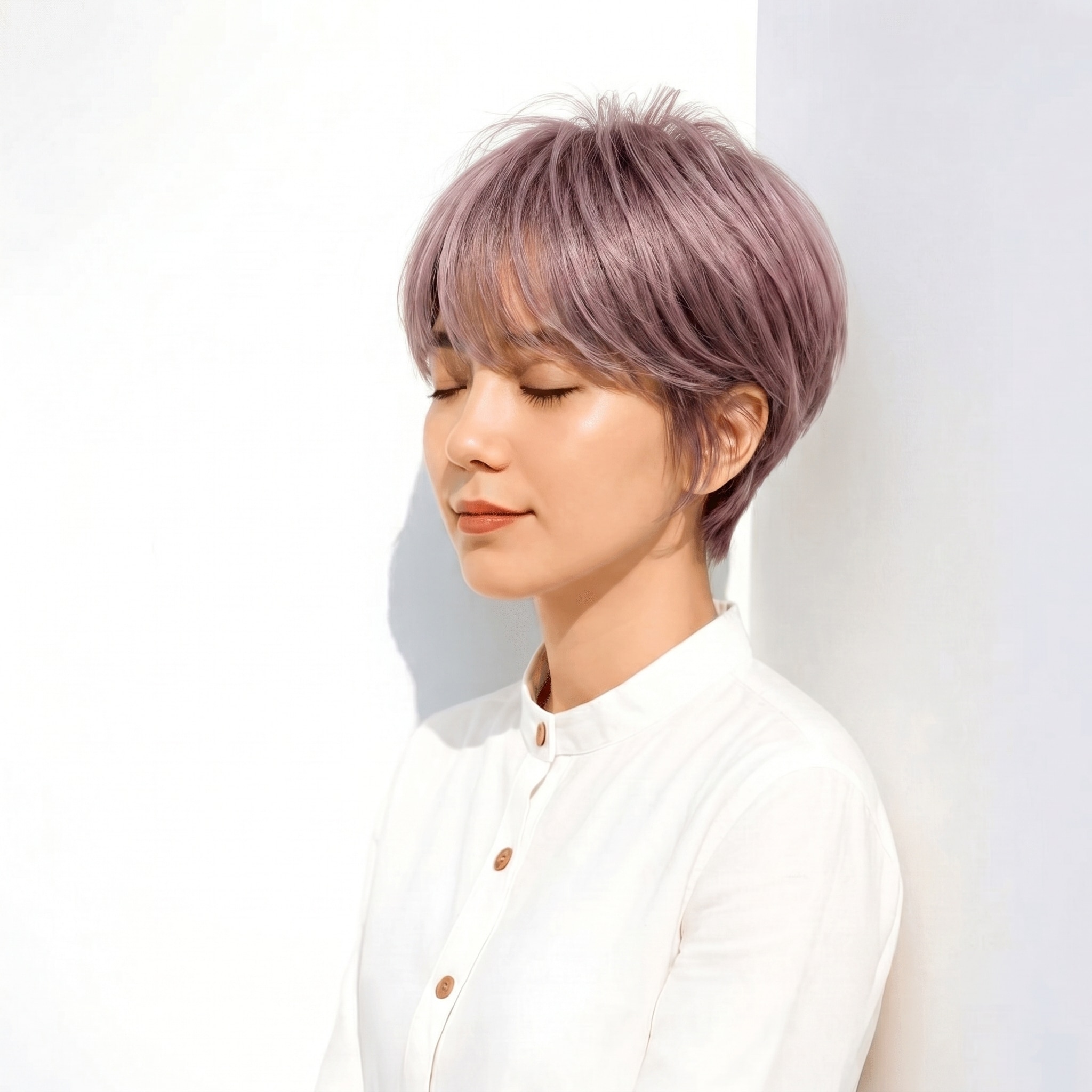 2. ラベンダーグレージュ×ショートレイヤー: 丸みと軽やかさで上品な透明感
