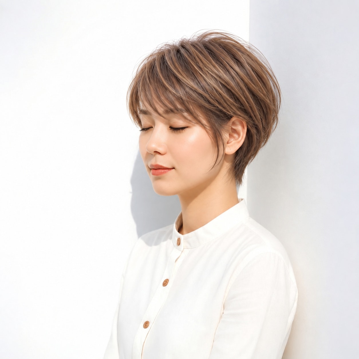 2. レイヤーショート × ライトブラウン：ふんわり揺れる毛先でやわらかな表情に