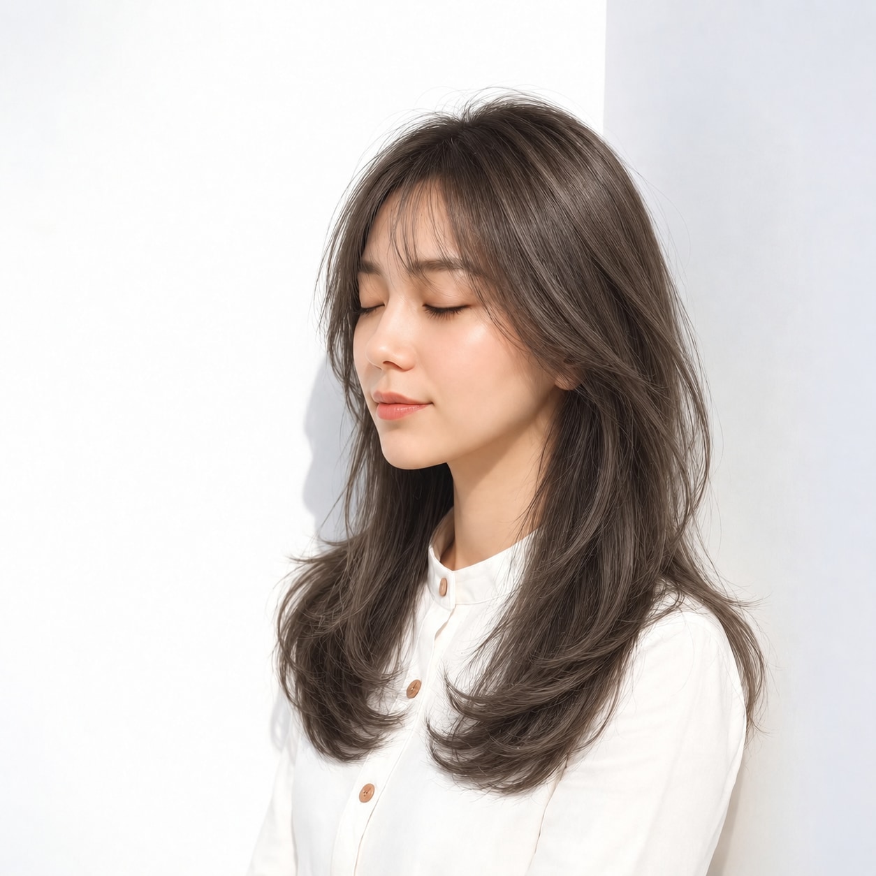 2. レイヤーロング × 内向きカール：顔まわりを華やかに