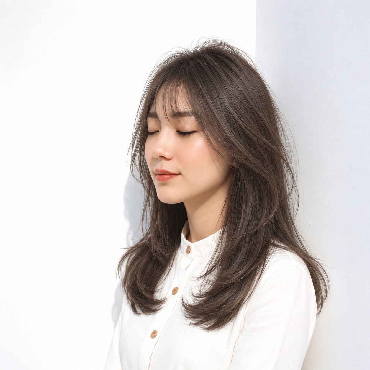 2. レイヤーロング × アッシュブラウン：顔まわりの曲線で穏やかに