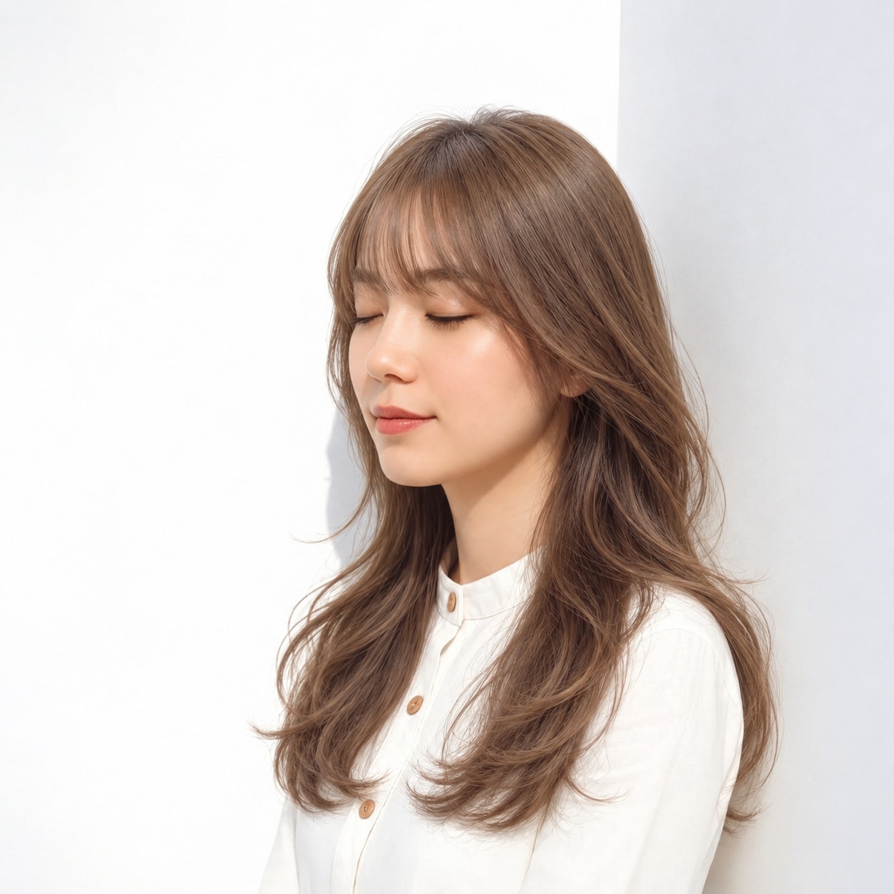 2. ロングレイヤー × 前髪あり × 表面レイヤー：髪の面が一枚に沈まず、横から見ても立体感が続きます