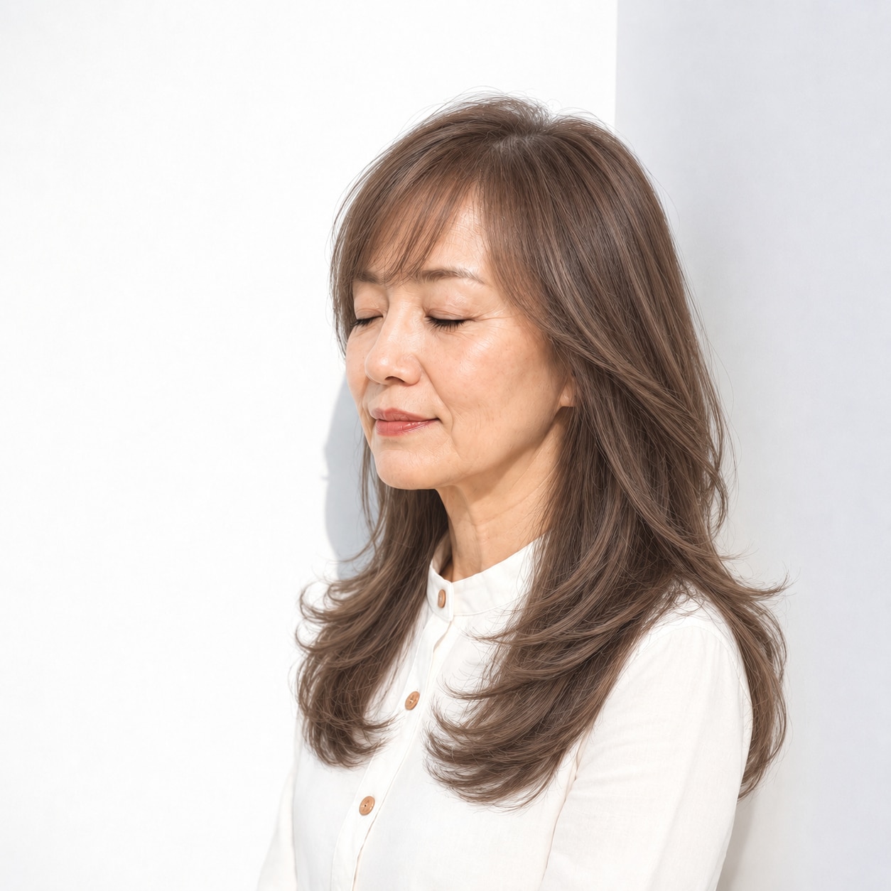 1. ロングレイヤー × 流し前髪：大きな毛流れで華やかに