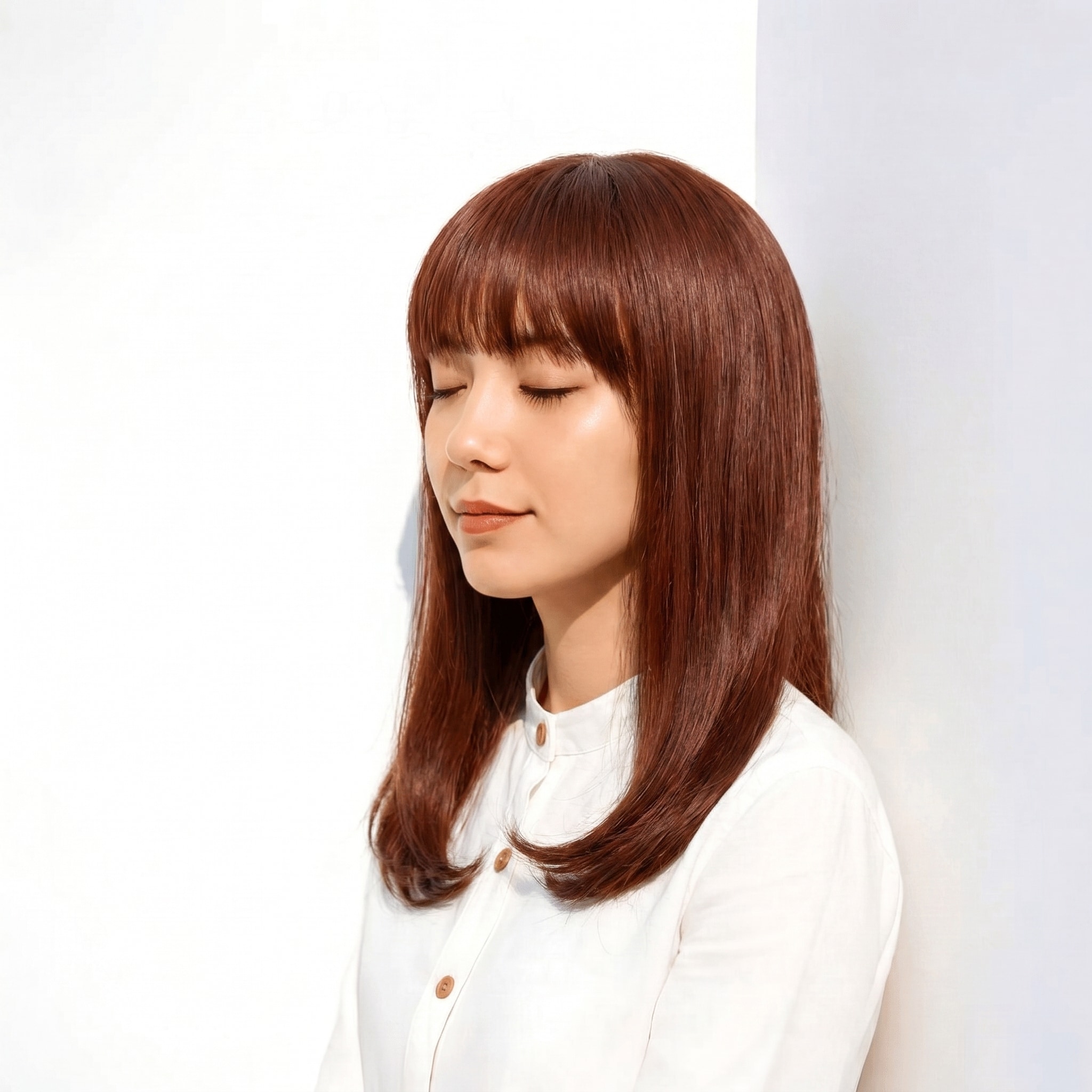 2. ローズブラウン×セミロング: 上品な内巻きで魅せる暖色スタイル