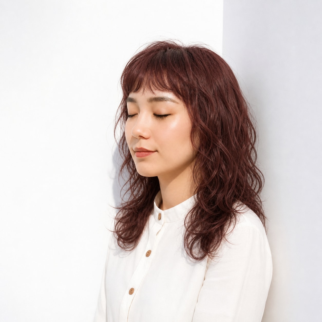 2. ワインレッド×ブリーチなし×ウェーブロング: 深い発色で暗髪ロングが大人っぽくまとまる