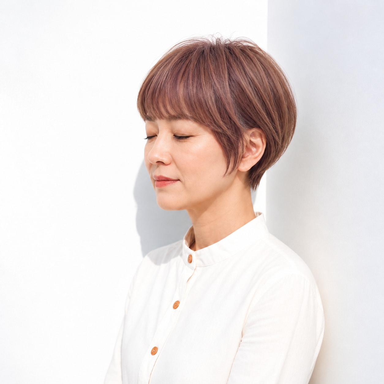 2. 丸い下ろし前髪 × 赤みショート：穏やかな輪郭をつくる