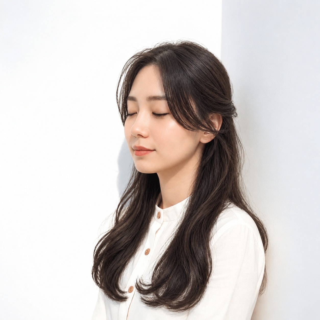 2. 内巻きロング × カーテンバング：顔まわりをふんわり明るく