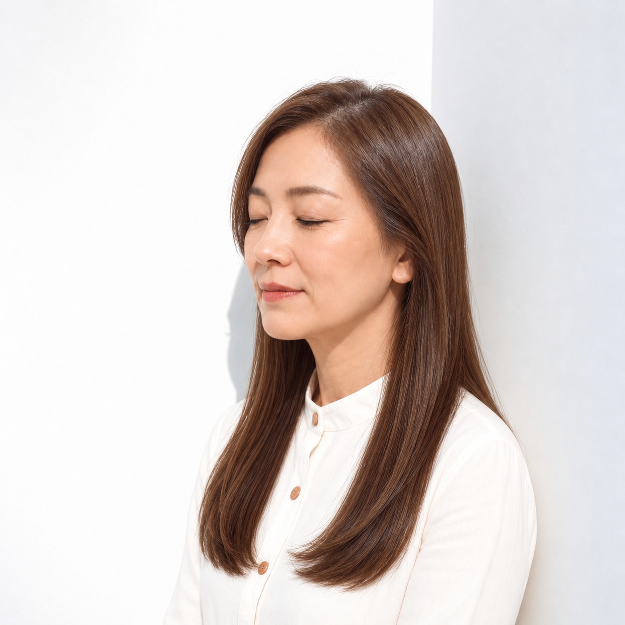 1. 前髪なしロング × 内巻き：なめらかなツヤで上品に