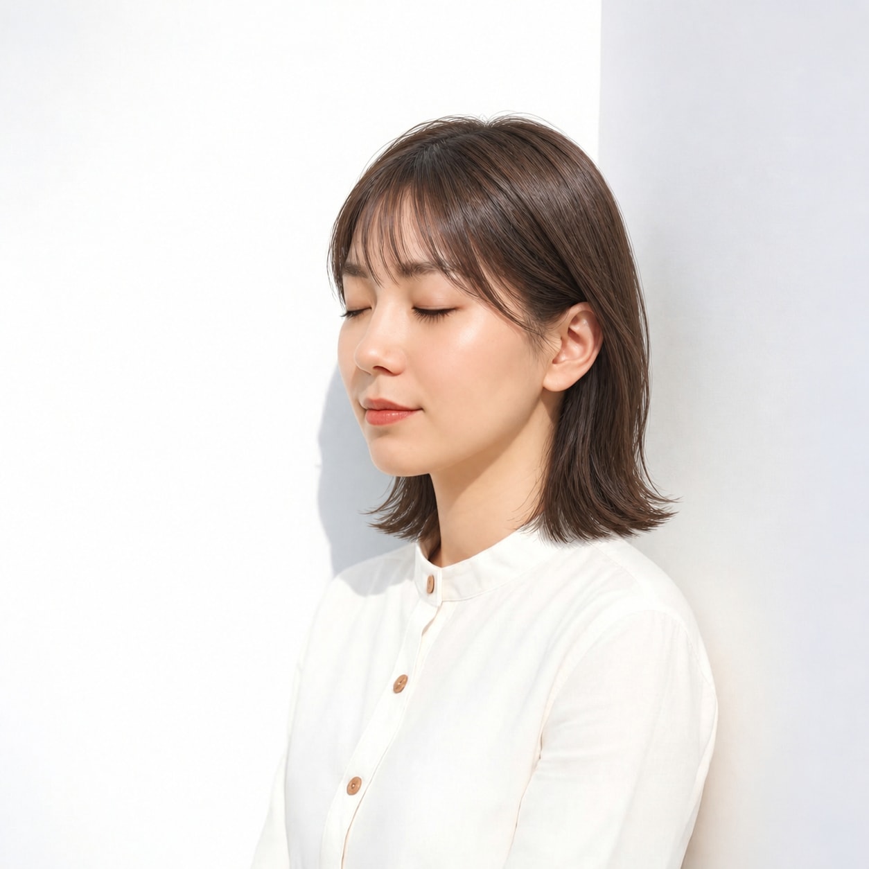 2. 切りっぱなしミディアム × 前髪あり × 外ハネ：首元にくびれができ、ミディアムの重さを下へためません