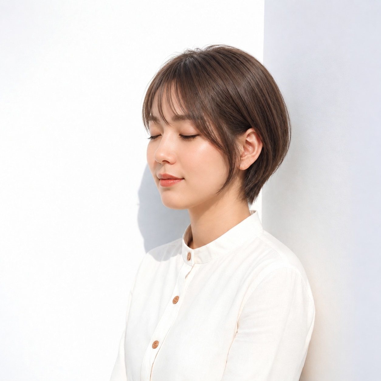 2. 前下がりショート × ダークブラウン：頬に沿う長い髪で輪郭すっきり