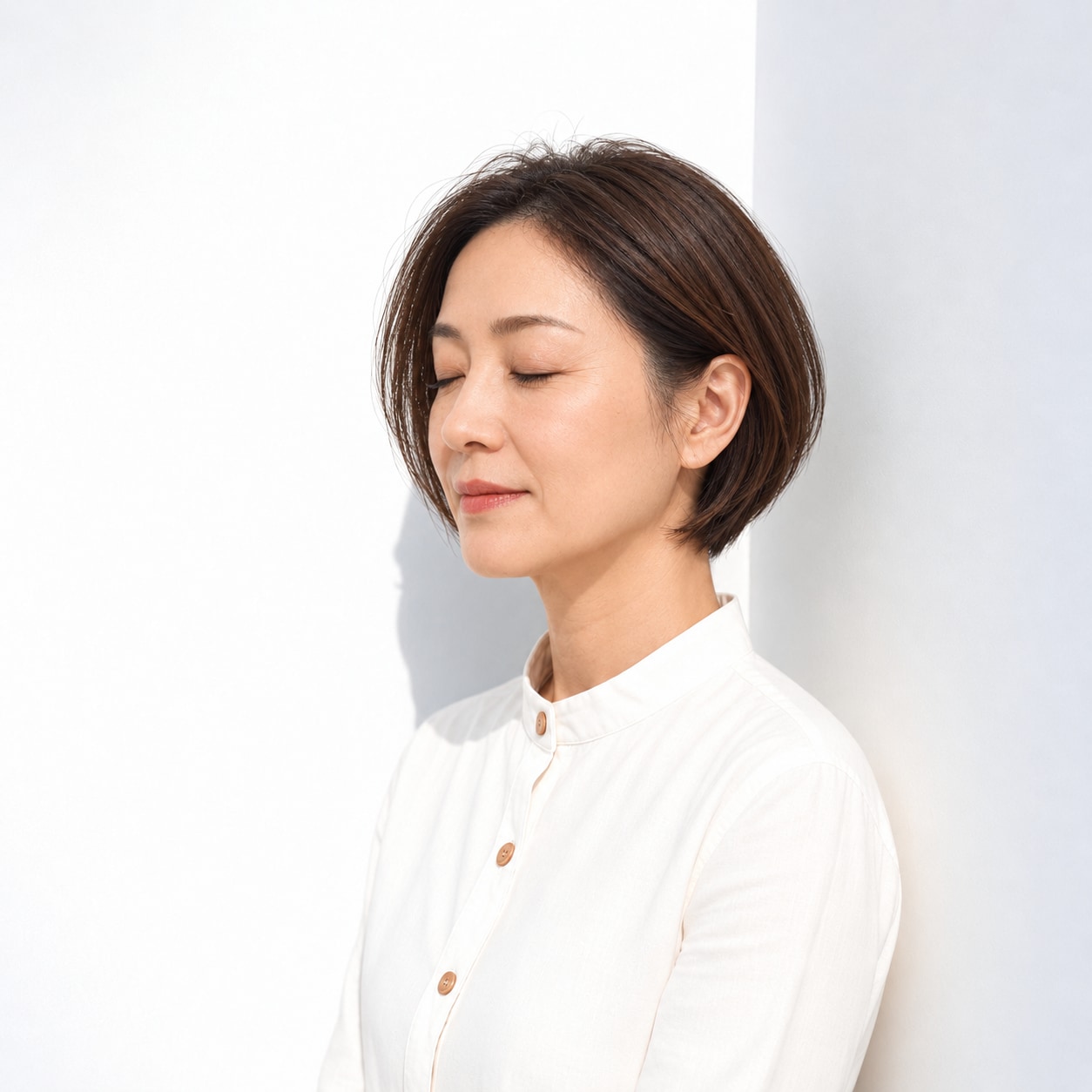 2. 前髪なしショートボブ × 耳かけ：端正で洗練された印象に