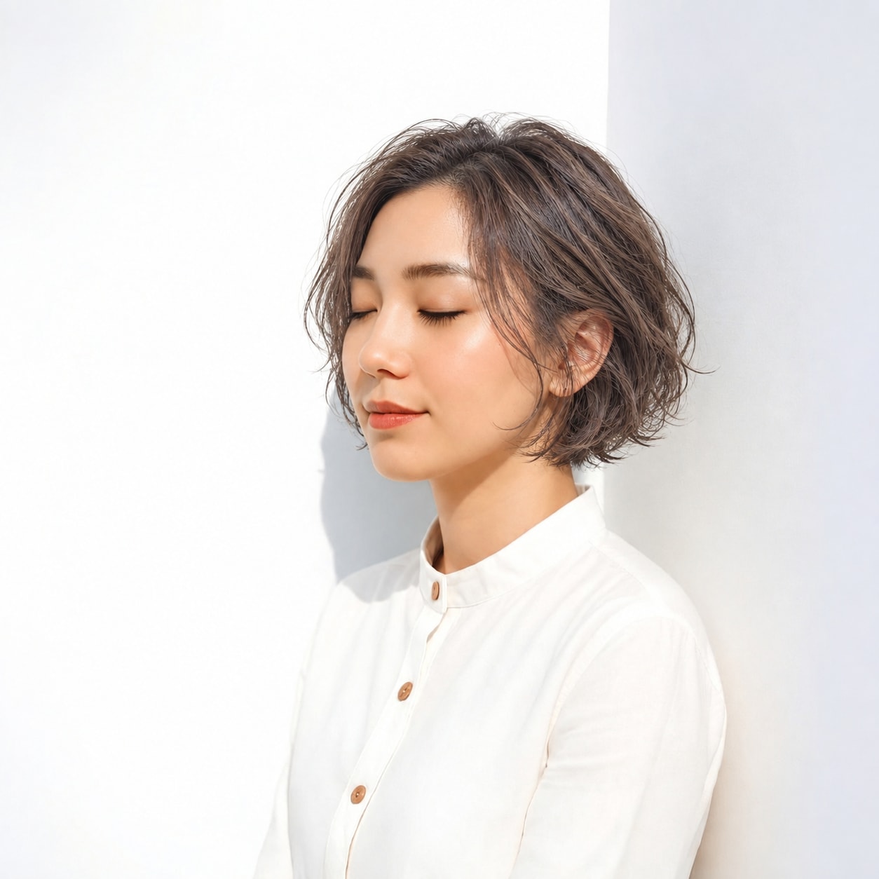 片側を耳にかけ、毛先に動きをつけた前髪なしのボブ