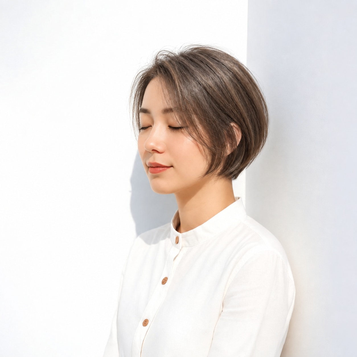 2. 前髪なしミニボブ × 襟足短め：後ろに奥行きが出て、横から見た形が端正に整います