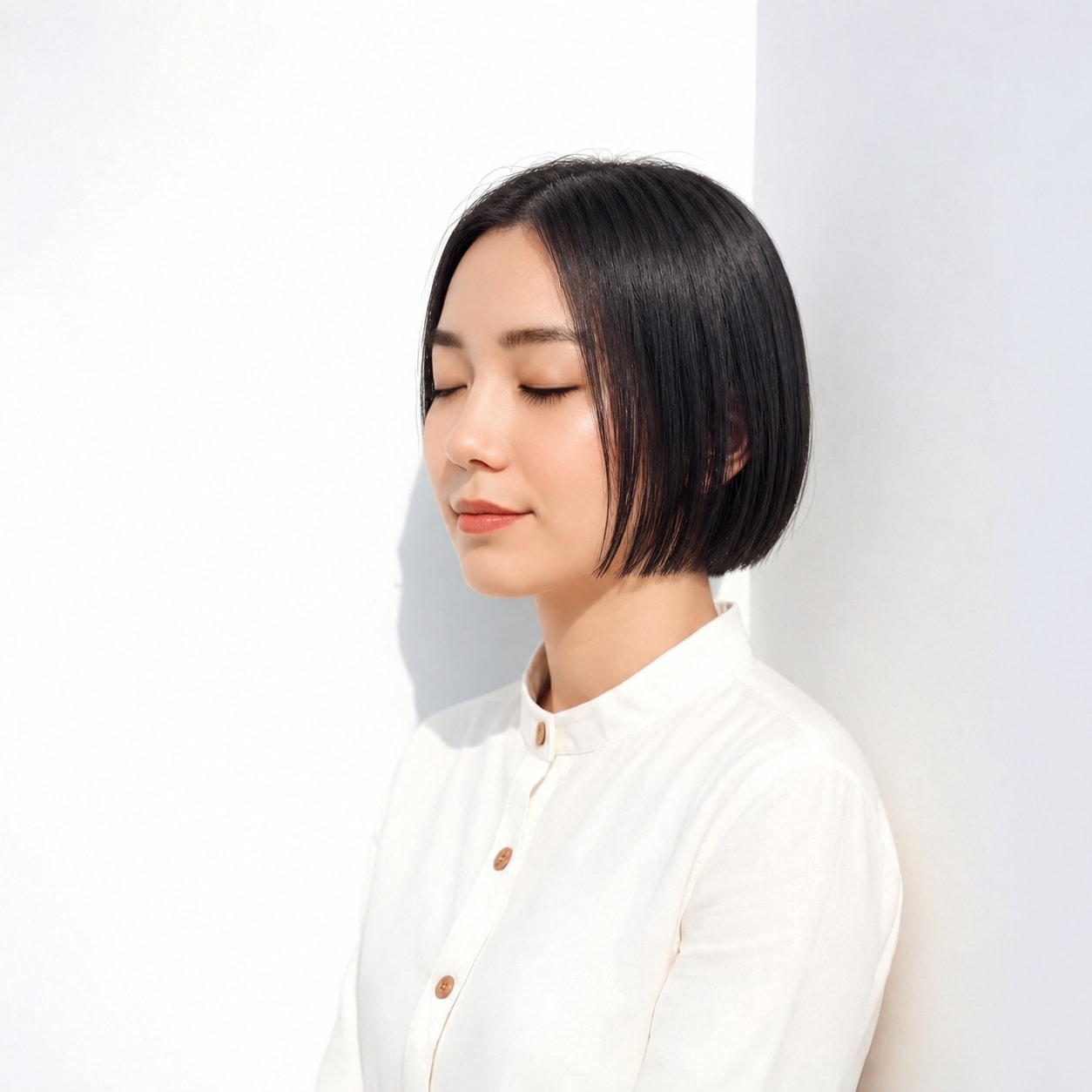 2. 前髪なし黒髪ボブ × センターパート：まっすぐな毛流れで端正に見せる