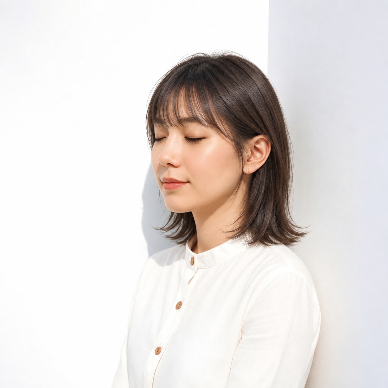 2. 外ハネミディアム × 前髪あり × 鎖骨レイヤー：長さを保ちながら、動く位置が低くなりすぎません
