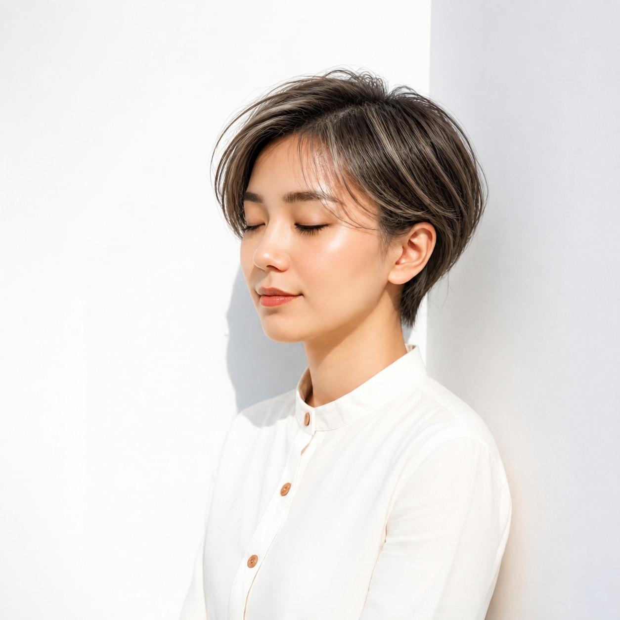 2. 白髪ぼかしハイライト × サイドパートショート：分け目から入る明るい色でふんわり見える