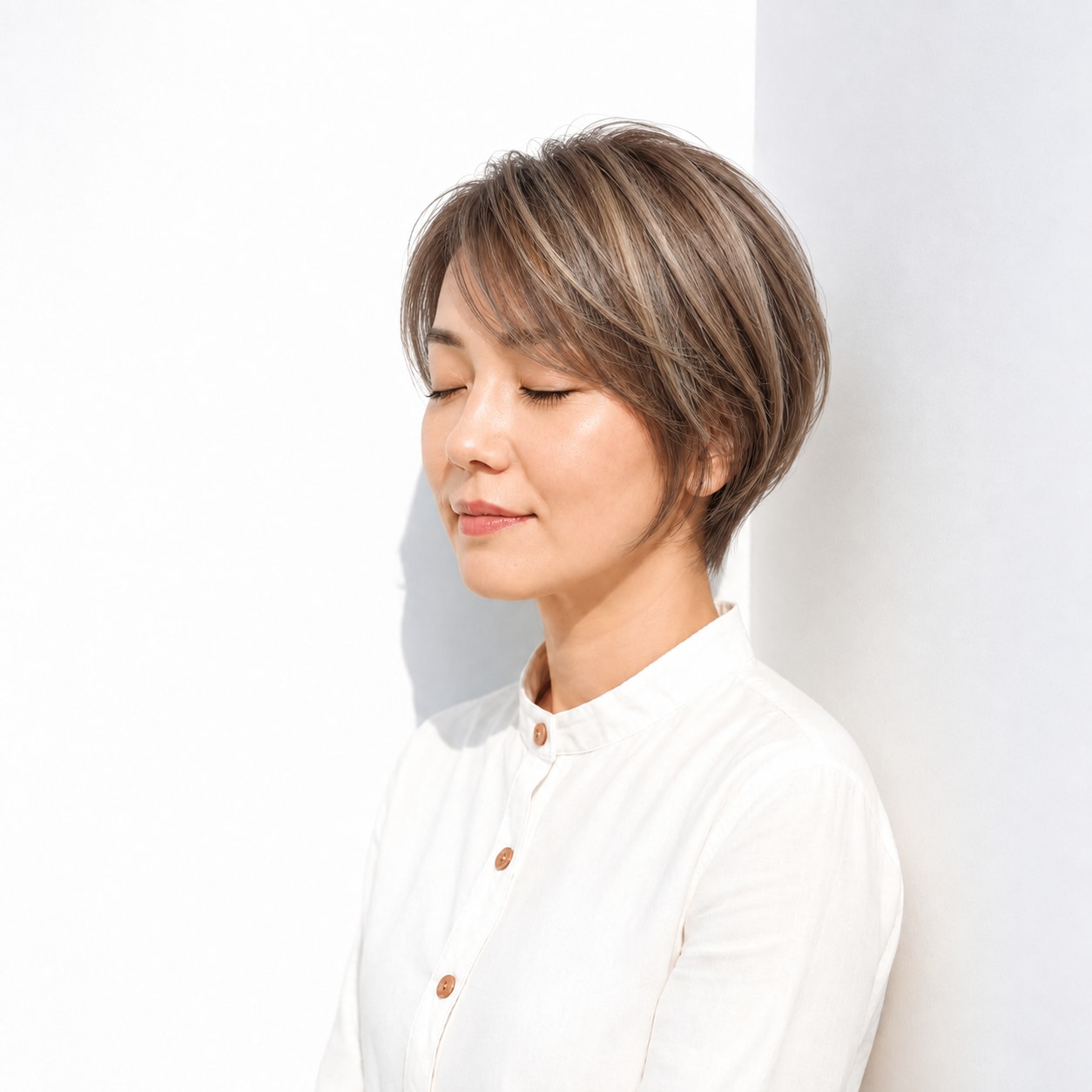 明るめのベージュブラウンと前髪に細い筋が入ったショート