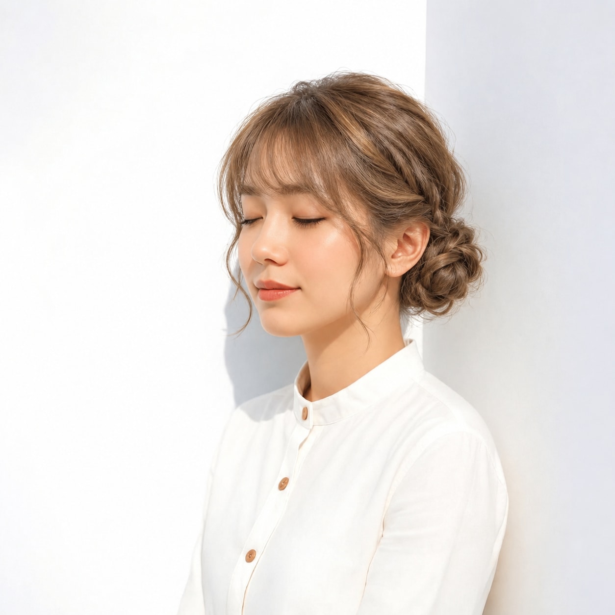 2. 羊ヘア × 編み込みお団子：表面に細かな陰影が出て、飾りが少なくても華やぎます
