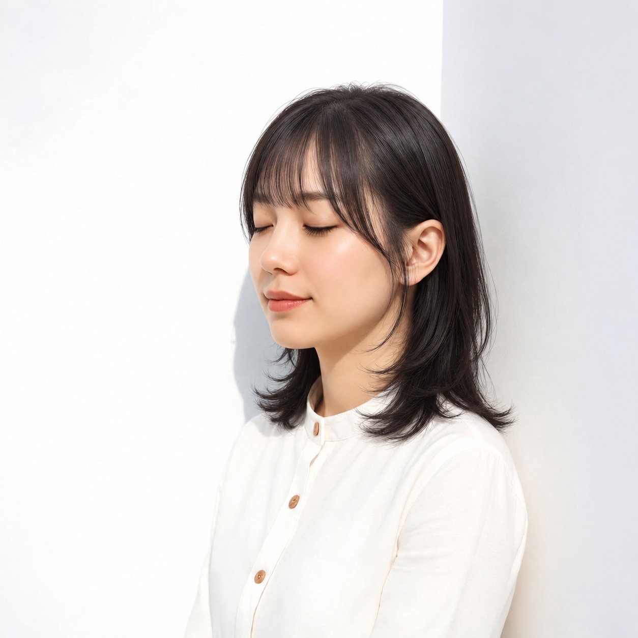 2. 触覚バング × 黒髪ミディアム：細い毛束で顔まわりに軽さを出す