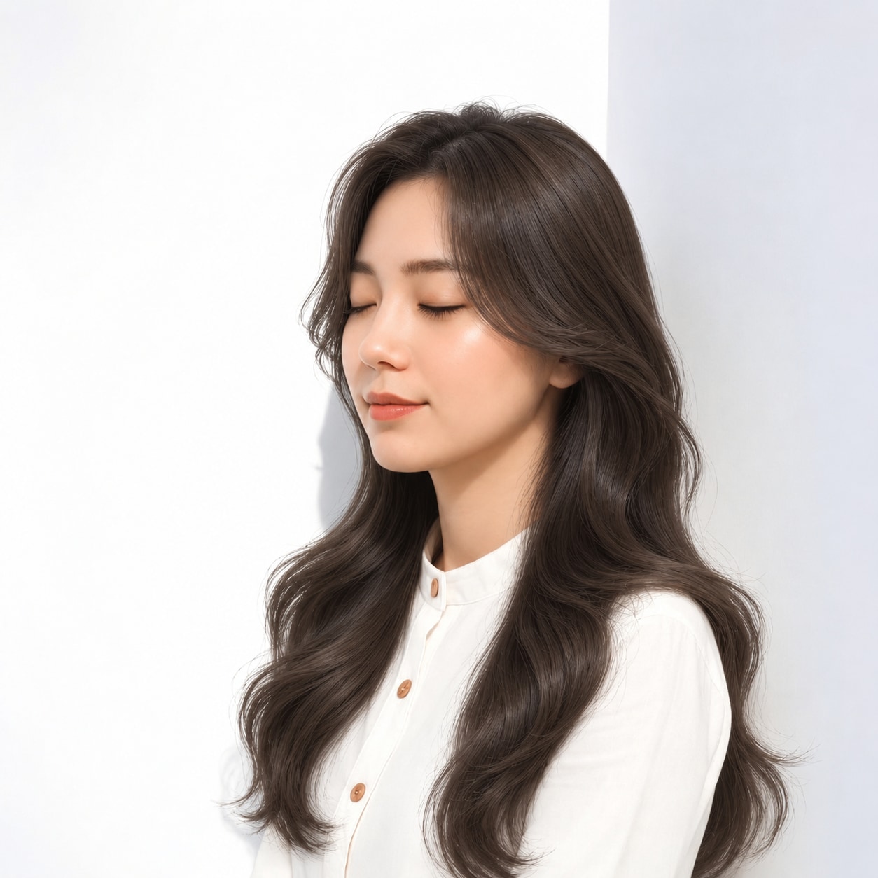 2. 長め流し前髪 × ウェーブロング：大きな曲線で華やぐ