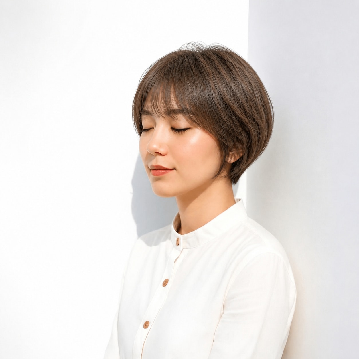 2. 面長ボブ × 前髪あり × コンパクトショート：小顔見えを狙える