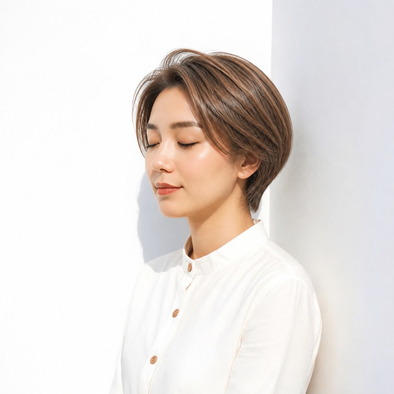 2. 面長ボブ × 前髪なし × かき上げショート：トップがふんわり