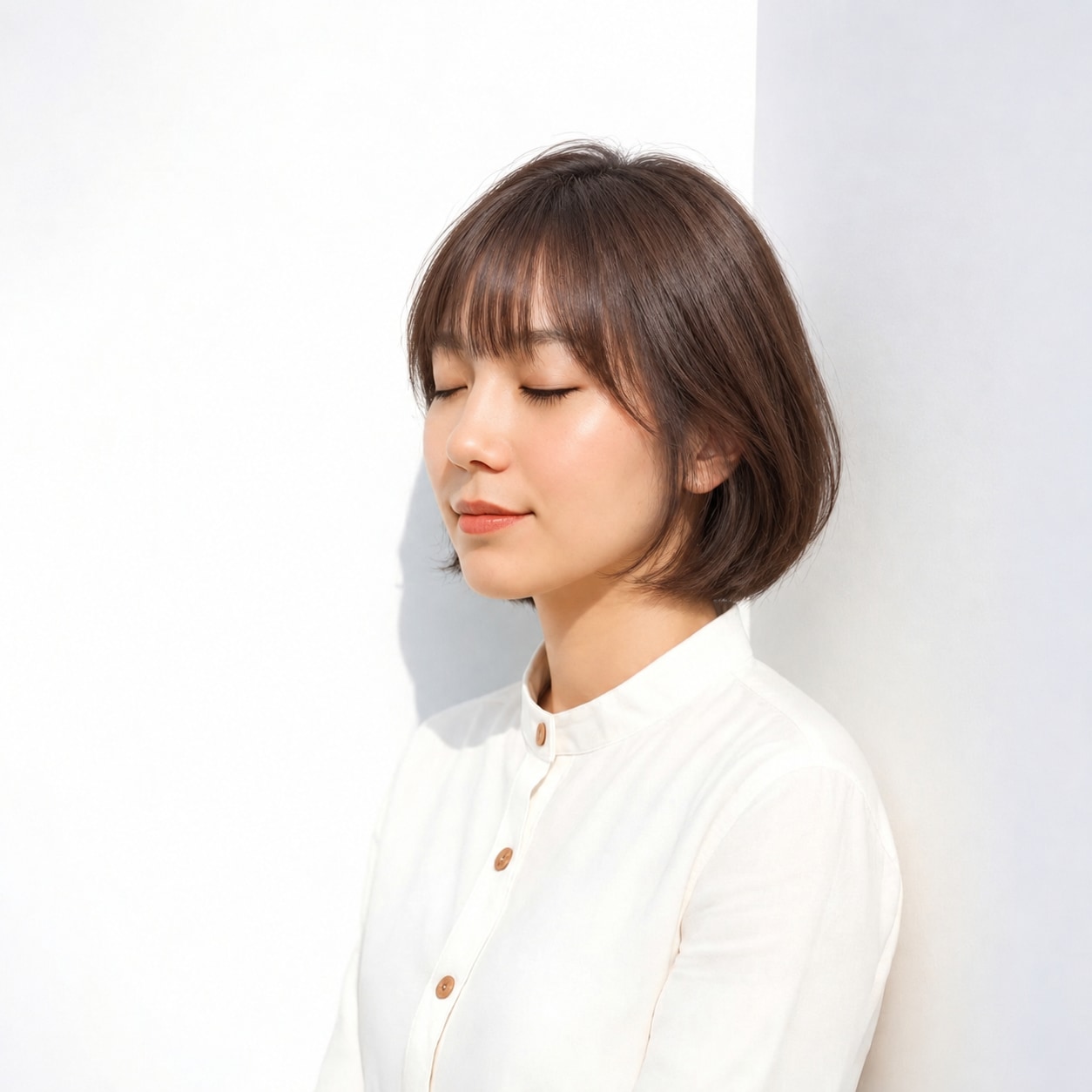 2. 韓国ボブ × 前髪あり × シースルーバング：額が少し見え、丸いボブでも顔まわりが詰まりません