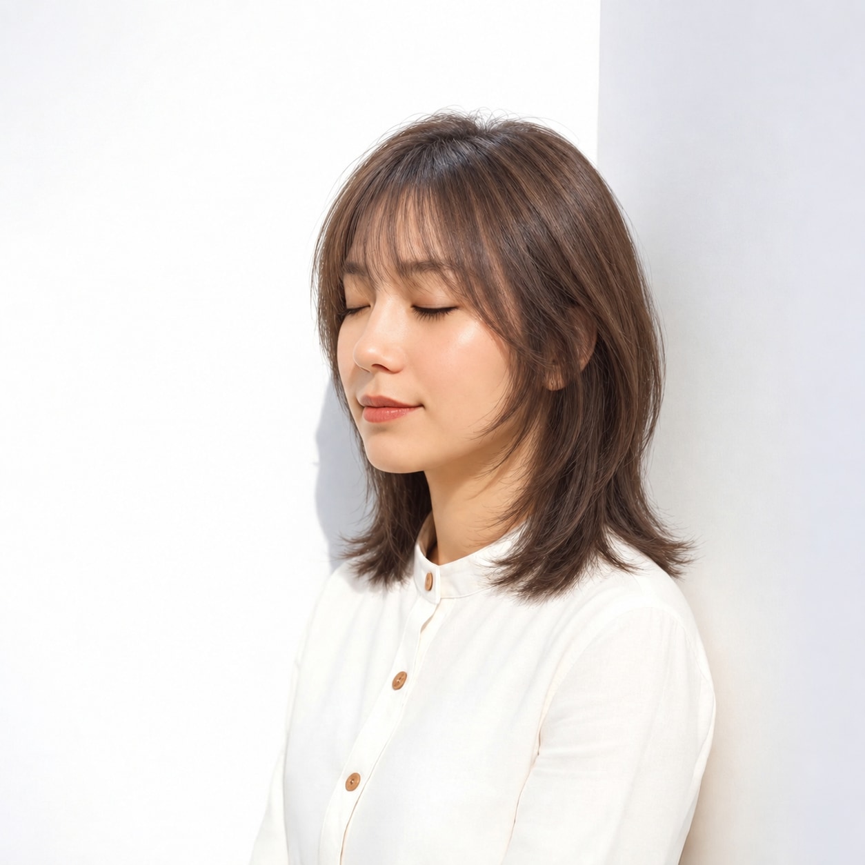 2. 顔まわりレイヤー × ミディアム × 外ハネ：首元にくびれができ、ミディアムの重さを下へためません