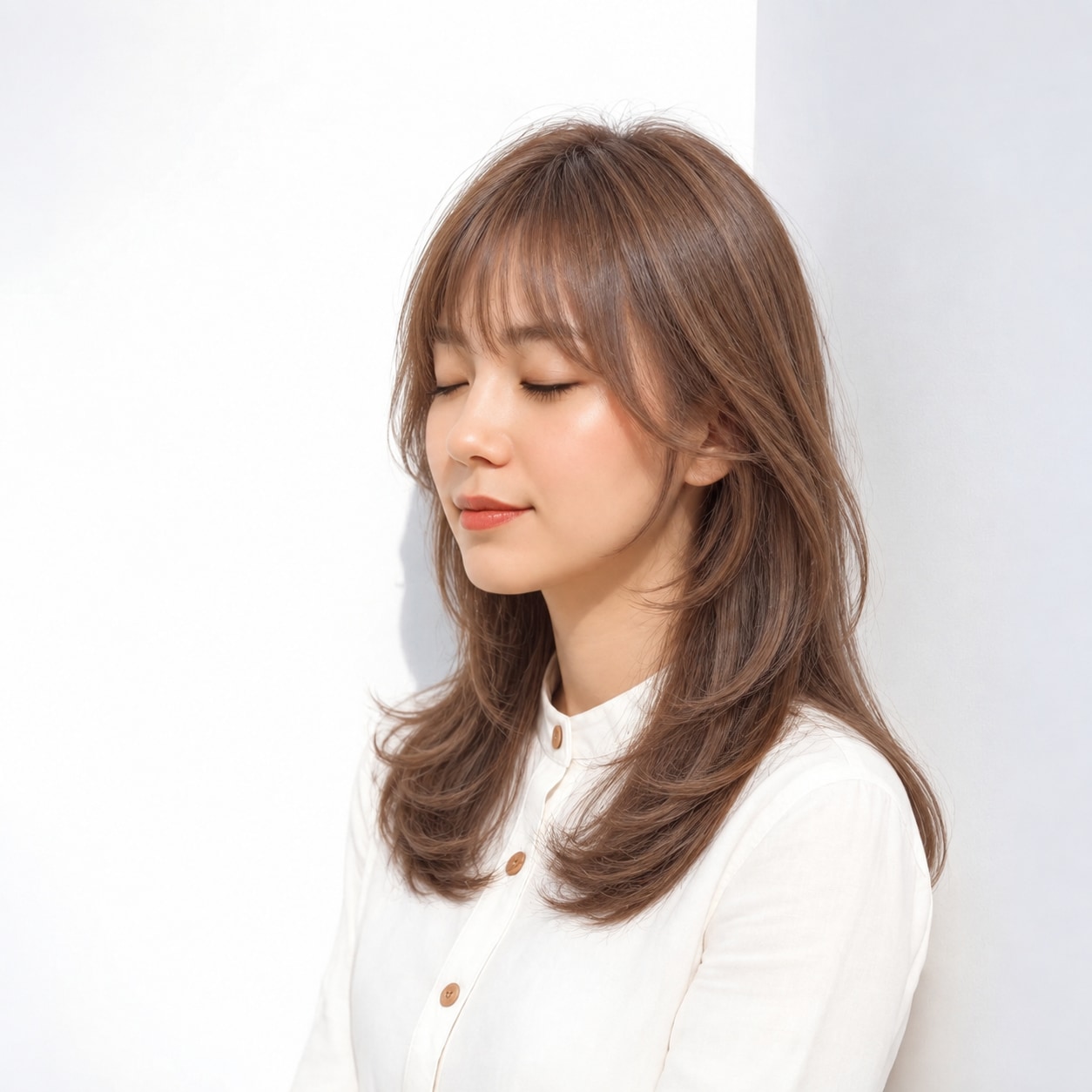 2. 顔まわりレイヤー × ロング × 肩で外へ流れる毛先：首元にくびれができ、ミディアムの重さを下へためません