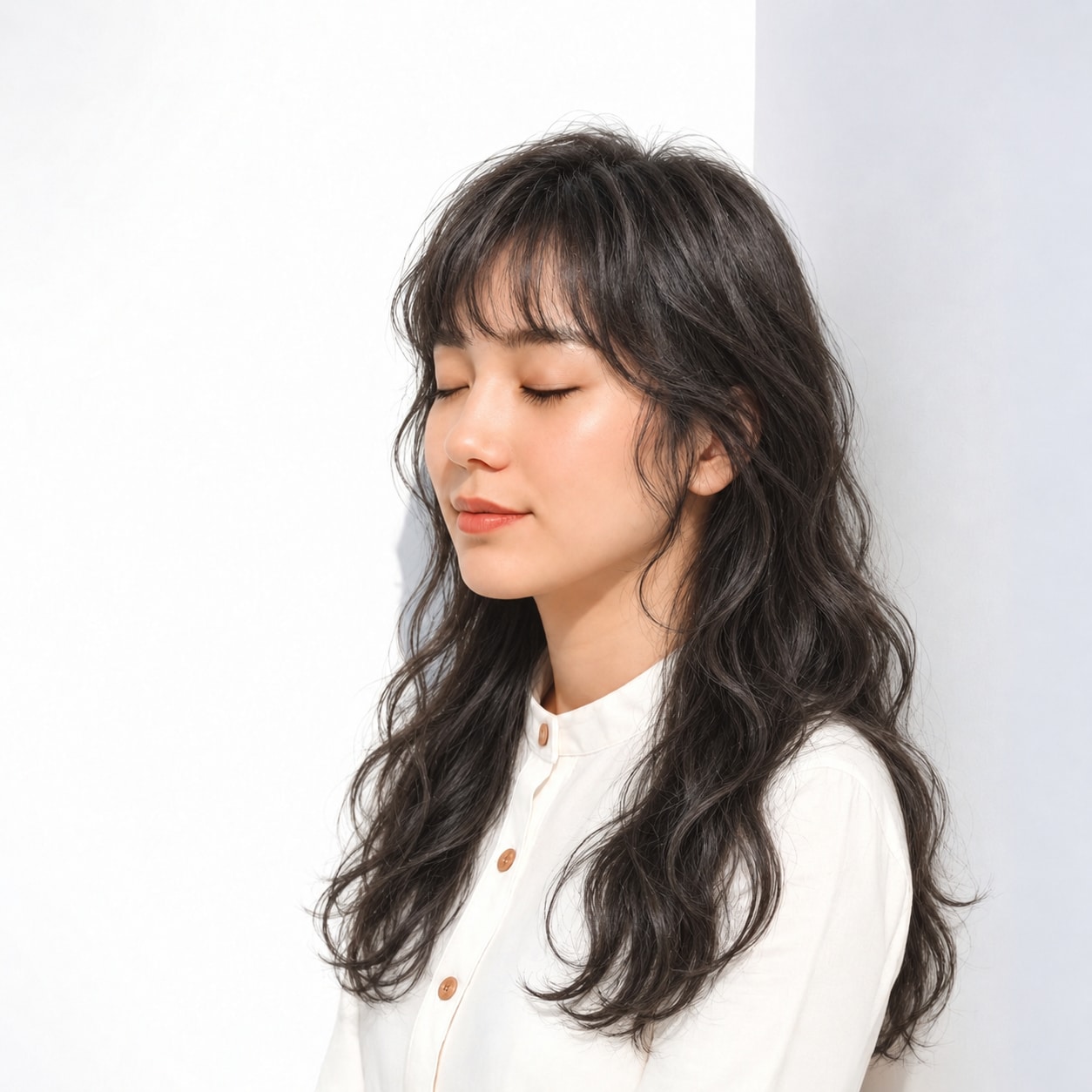 2. 黒髪ウェーブロング × 薄め前髪：曲線を重ねてやさしく華やかに