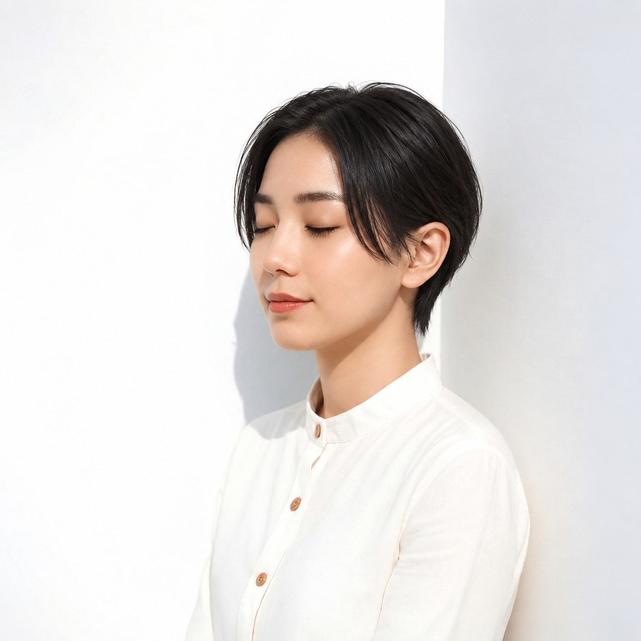 2. 黒髪コンパクトショート × センターパート：額を出すとコンパクトな形が引き立つ