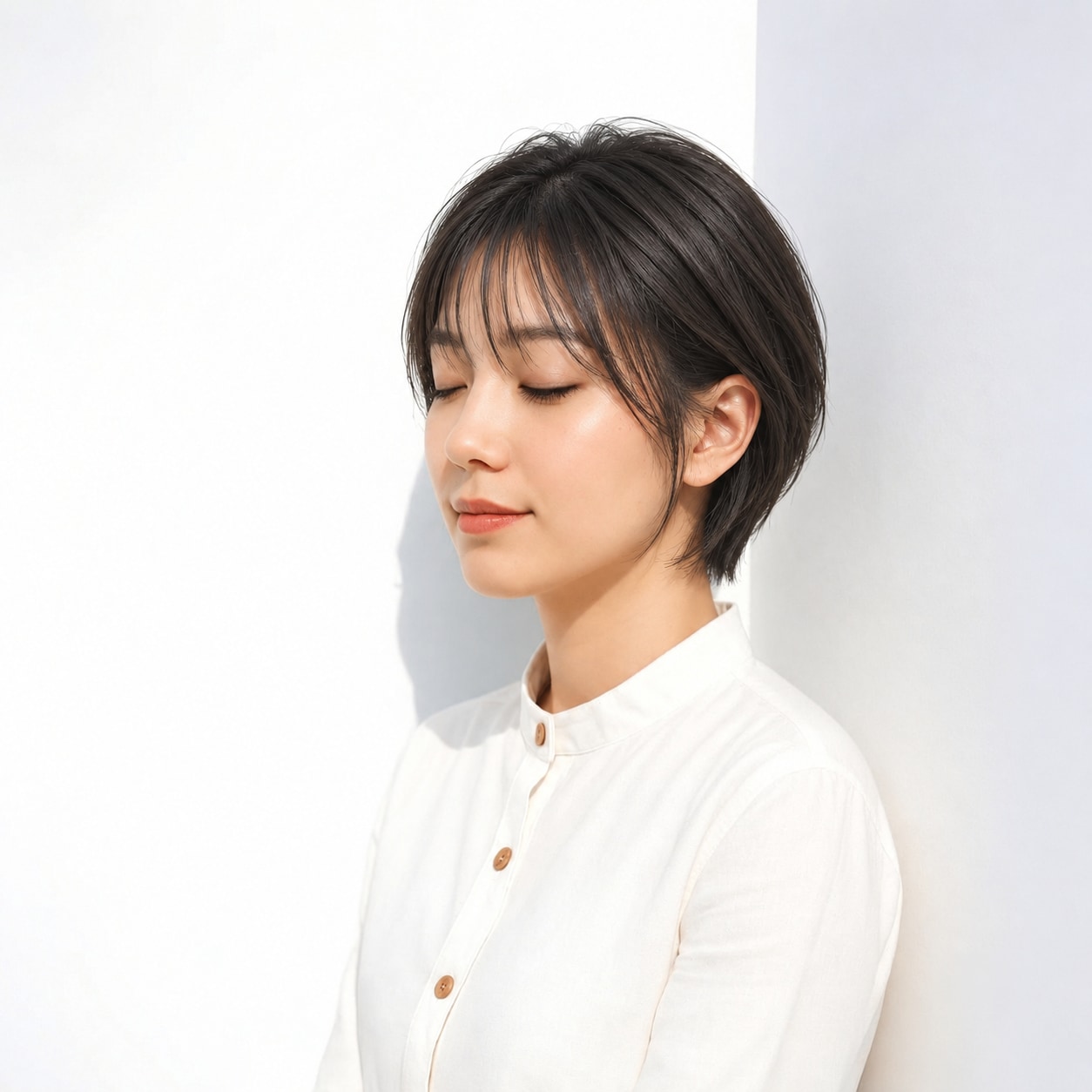 2. 黒髪ショート × 長めサイドバング：頬に沿う毛先が黒髪の印象を和らげる