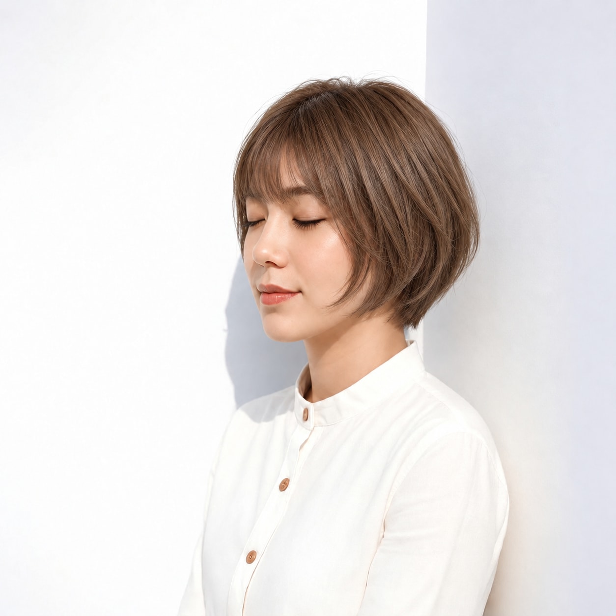 15. ふんわりショートボブ × 栗色ブラウン：頬横のふくらみが親しみやすさを引き出す