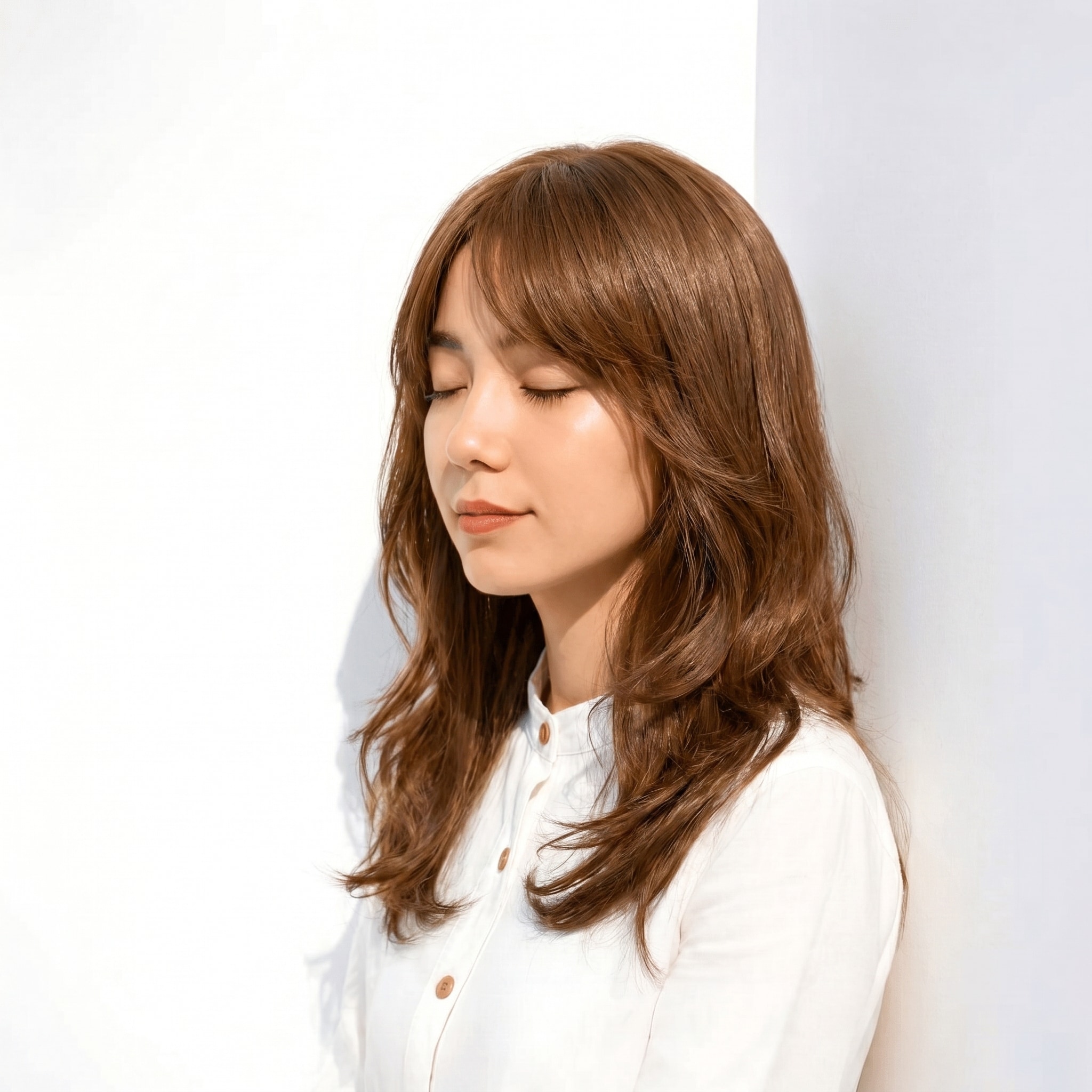 20. アッシュ ベージュ×セミロング: 柔らかなレイヤーが際立つ軽やかスタイル