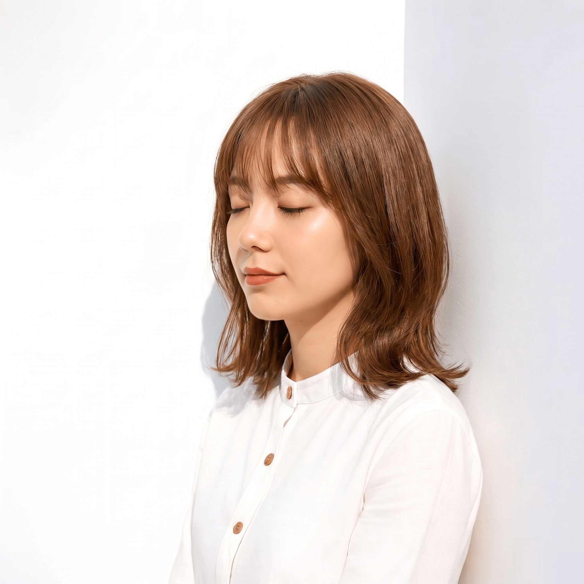 20. ココアブラウン×外ハネミディアム: 赤みを重ねた中間ブラウンでミディアムが柔らかくまとまる