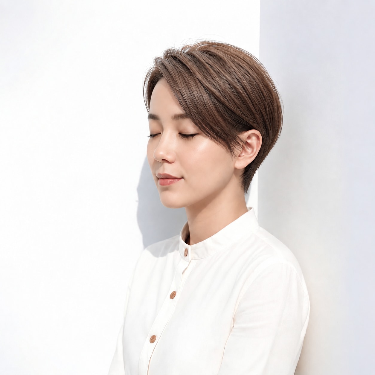 13. サイドパートショート × ブラウン：斜めの前髪が大人っぽい表情を引き出す