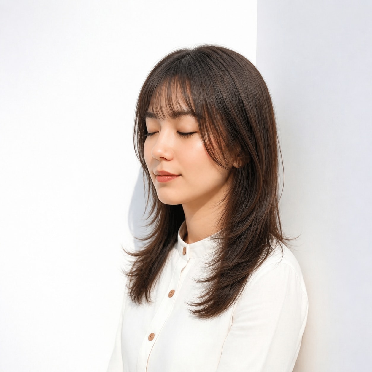 20. シャギーカット × 長めミディ：毛先に自然なボリュームを