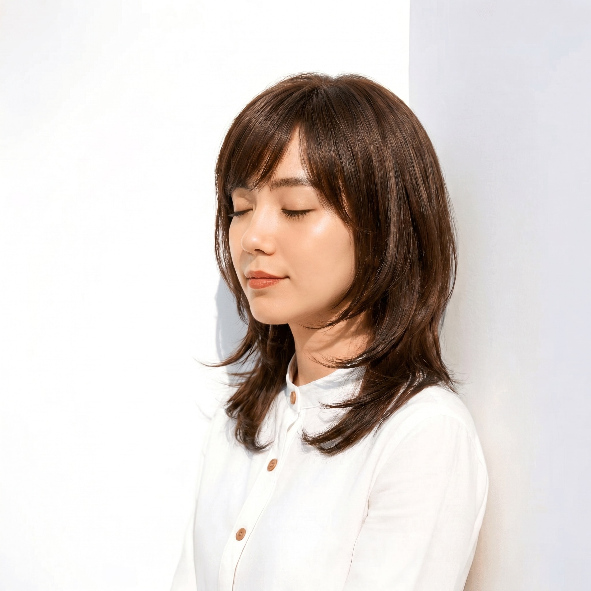 20. ショコラブラウン×ミディアムレイヤー: 温かみのある艶で輪郭を引き締める