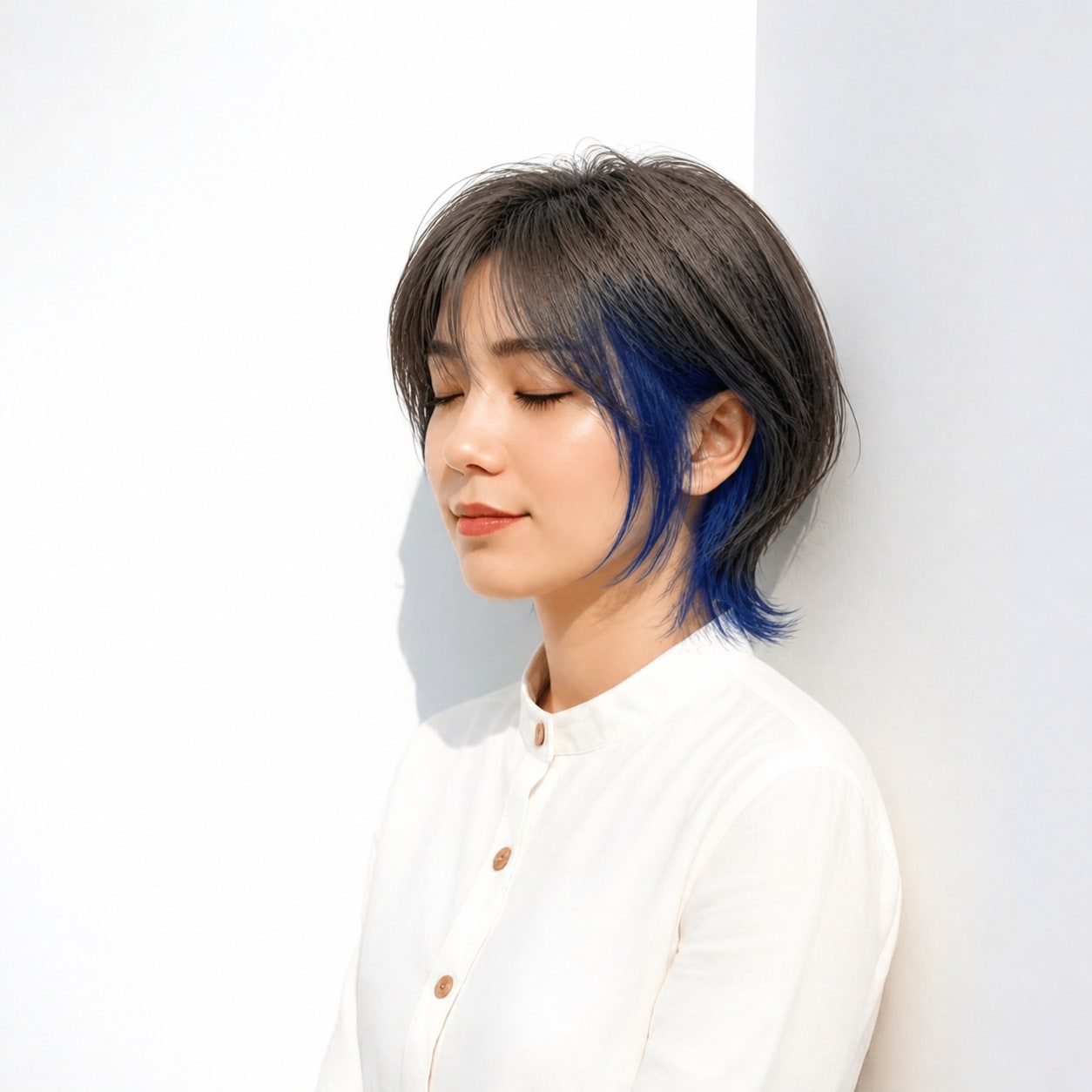 20. ショート × ビビッドブルーのインナーカラー：大胆なアクセントに